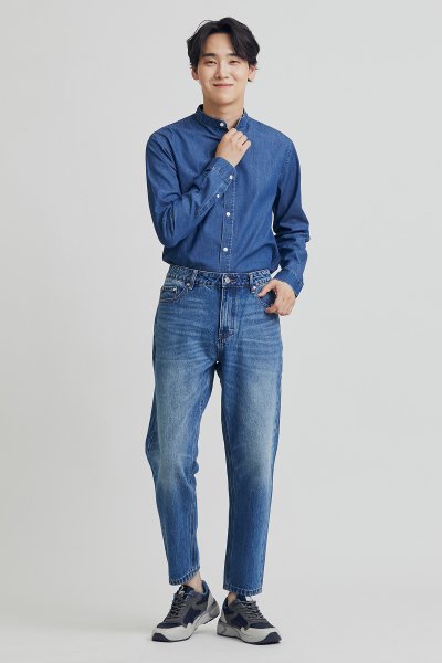 Men's denim stand collar oxford shirt