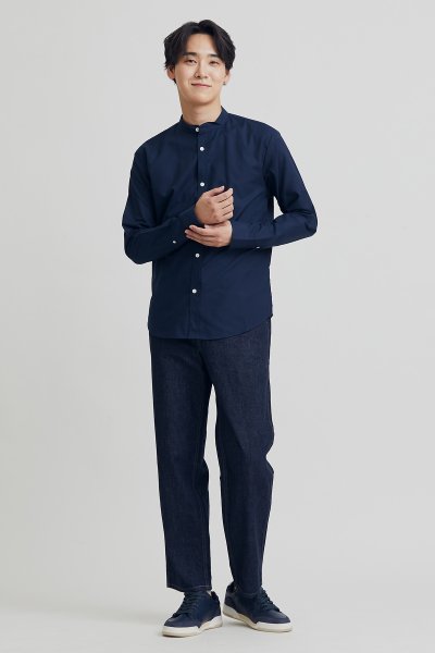 Men's navy stand collar oxford shirt