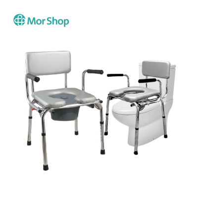 FASICARE shower chair with toilet seat, model W-15, has backrest and armrests.
