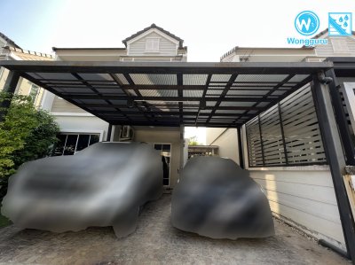 งานหลังคากันสาด หลังคาไวนิลท้องเรียบ พร้อมรางน้ำฝน หมู่บ้านเดอะคัลเลอร์เมกกะบางนา