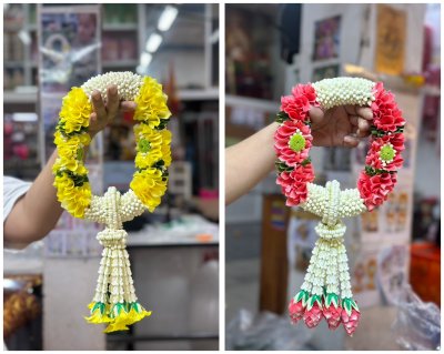 พวงมาลัยพุดเล็กแซมตามาลัยซ้ายขวารัดข้อลักอุบะพุ่มสี(ลูกค้าเลือกสีได้8สี)