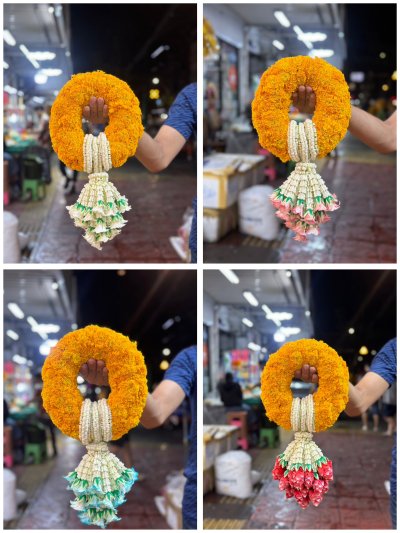 พวงมาลัยดาวเรืองร้อยสลับรัดข้อลัก3ตัวอุบะพุ่มสี(ลูกค้าเลือกได้8สี)