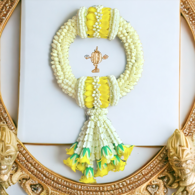 พวงมาลัยมะลิใหญ่รัดข้อมาลัยแบน2ตำแหน่งอุบะพุ่มสีเหลือง