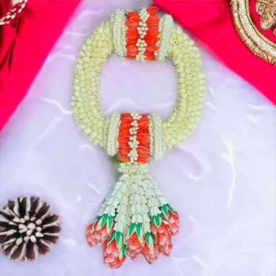 พวงมาลัยมะลิใหญ่รัดข้อมาลัยแบน2ตำแหน่งอุบะพุ่มสีแดง