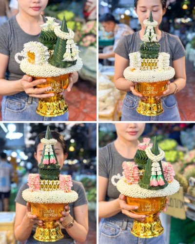พานธูปเทียนแพรล้อมดอกพุดสี(ลูกค้าเลือกสีได้8สี)