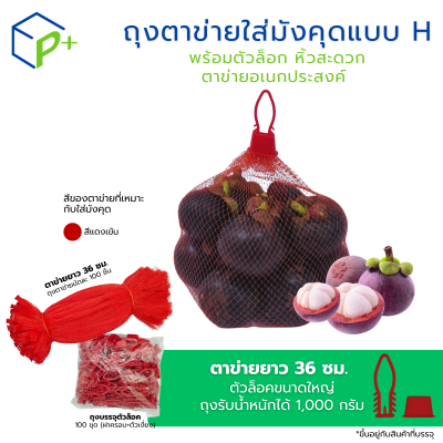 ถุงตาข่ายใส่มังคุด 1 กิโลกรัม พร้อมตัวล็อก หิ้วได้ แบบ H ตาข่ายยาว 36 ซม.