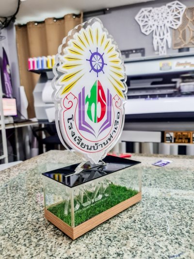 Laser and painted acrylic trophy with wooden base