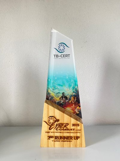 Laser and painted acrylic trophy with wooden base