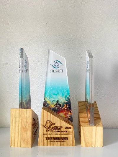 Laser and painted acrylic trophy with wooden base