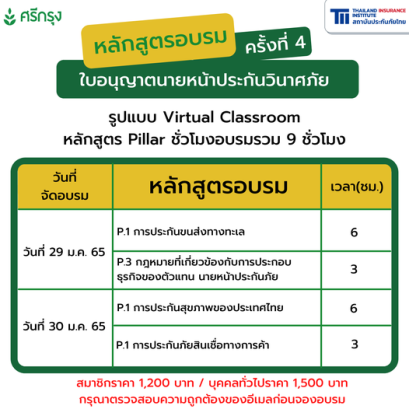 คอร์สอบรมต่ออายุบัตรนายหน้าประกันวินาศภัยครั้งที่ 4  29-30 มค 65