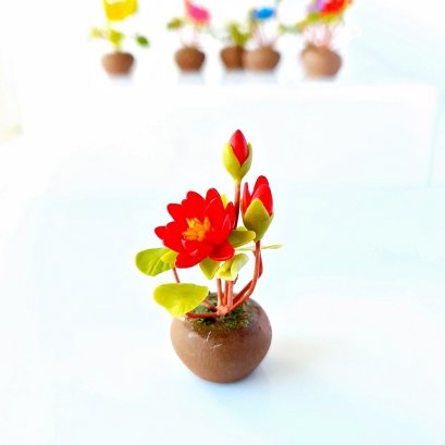 Yellow Hyacinthus Clay Flower Ceramic Pot Dollhouse Miniature Tiny Handmade