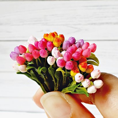 6 Pcs Miniature Colorful Tulip Flowers Home Decorative Clay Handmade Collectible 