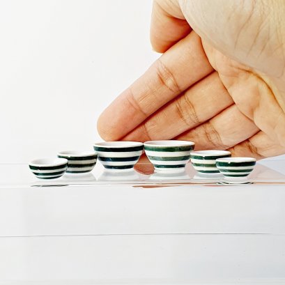 Miniature Green and White Striped Ceramic Bowls Set of 6