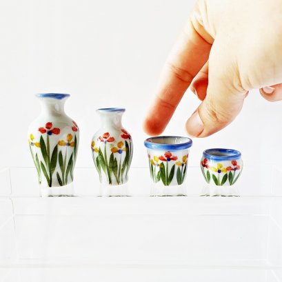 Set 4x Ceramic Hand Painted Vase Miniatures Handmade