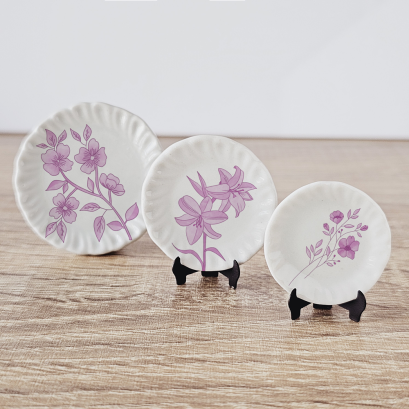 Ceramic Plate Pink Floral Design 1/6 Scale Set 3 Pcs