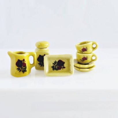 Handcrafted Miniature Ceramic Kitchen Set with Red Floral Design