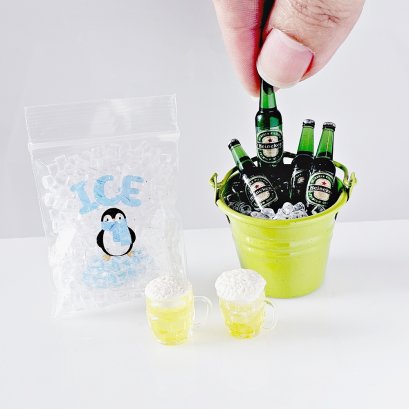 miniature beer and ice bucket set featuring tiny beer bottles, an ice bag, and frothy mugs, perfect for dollhouse bar and party decor."