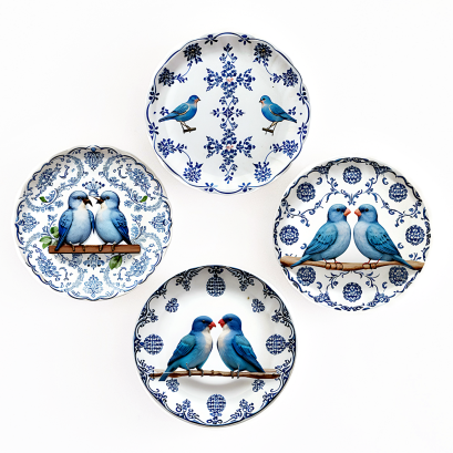 Miniature ceramic plates with elegant blue bird and floral motifs, ideal for vintage or nature-inspired dollhouse settings.