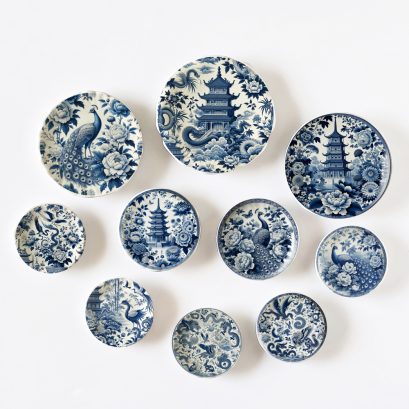 Miniature Blue and White Porcelain Plates Set with Asian Motifs