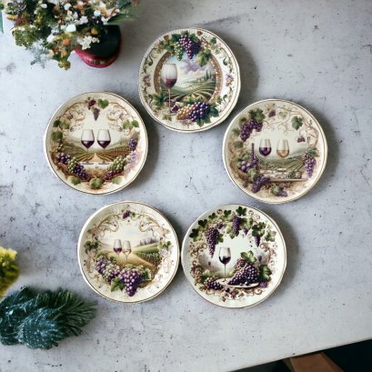 Handcrafted Miniature Ceramic Plates with Wine and Grapevine Designs