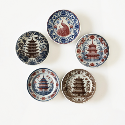 Miniature Chinoiserie Plates - Pagoda and Peacock Designs