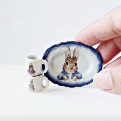 Handcrafted Miniature Bunny Ceramic Mug and Plate Set