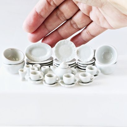 Miniature White Ceramic Dinnerware Set for Dollhouses