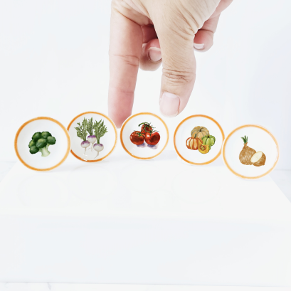 Set of 5 Miniature White Plates with Vegetable Designs 30mm