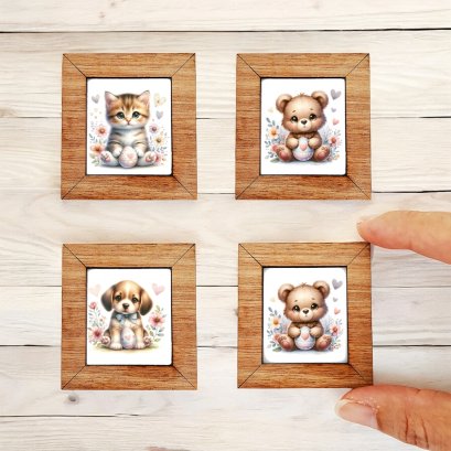 Set of 4 Miniature Nursery Animal Art in Wooden Frames