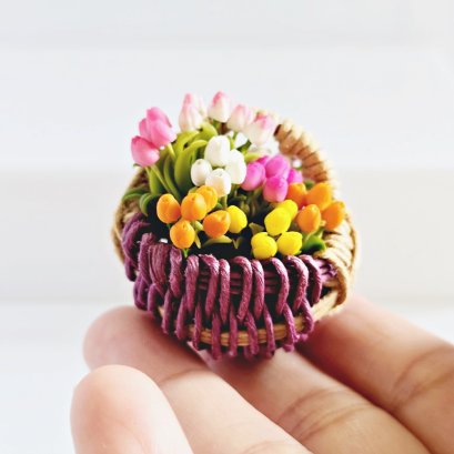 Handcrafted Miniature Flower Basket with Multicolor Tulips