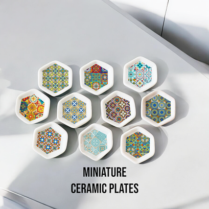 Miniature Mediterranean Hexagonal Ceramic Tile Plates Set 10 Pcs