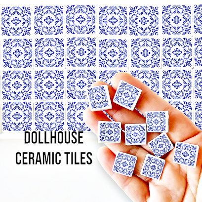 Ceramic Tile Set with Blue Geometric Floral Pattern – 16 Pieces