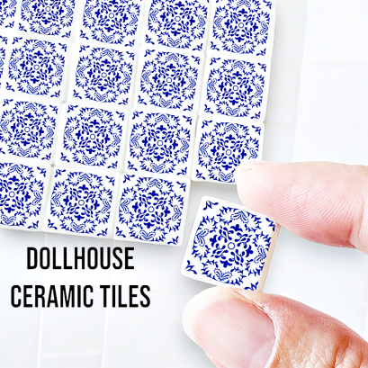 Ceramic Tile Set with Blue Geometric Floral Pattern – 16 Pieces