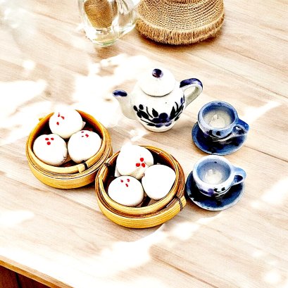 Miniature dim sum set with floral teapot and cups for 1:12 scale dollhouse decor.