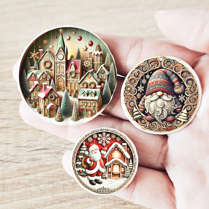 Christmas miniature plate set featuring Santa, a cozy village, and a festive gnome design. Ideal for holiday decor in dollhouses or seasonal collections.