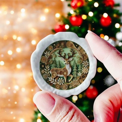 Handcrafted Christmas-themed miniature plate with intricate reindeer design, perfect for dollhouse holiday decor.