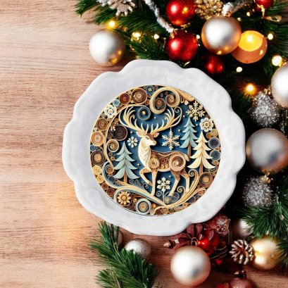 Handcrafted Christmas-themed miniature plate with intricate reindeer design, perfect for dollhouse holiday decor.