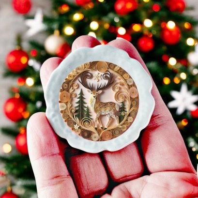Handcrafted Christmas-themed miniature plate with intricate reindeer design, perfect for dollhouse holiday decor.