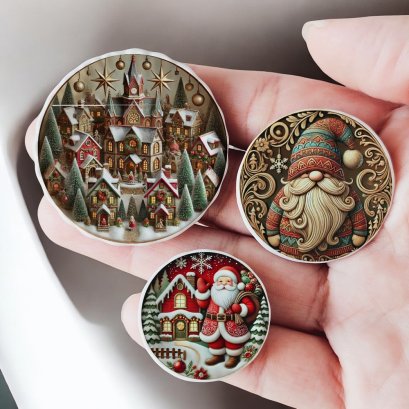 Christmas miniature plate set featuring Santa, a cozy village, and a festive gnome design. Ideal for holiday decor in dollhouses or seasonal collections.