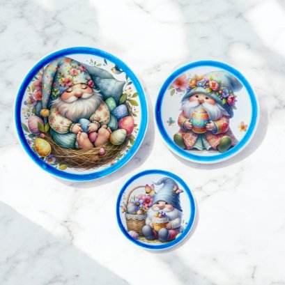 Set of three miniature ceramic plates with Easter gnome designs, featuring colorful eggs and floral details, perfect for dollhouse spring decor