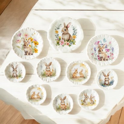 A set of 10 miniature decorative plates featuring adorable Easter bunny illustrations with floral backgrounds. Ideal for dollhouse collectors and festive displays.