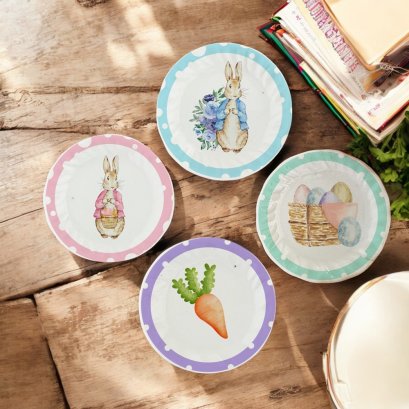 A delightful 4-piece miniature plate set featuring Easter bunny designs with pastel polka-dot borders, decorative eggs, and a cute carrot—perfect for dollhouse displays and festive decor.