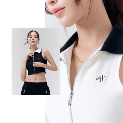 AHT130 Collar zip up sleeveless crop top