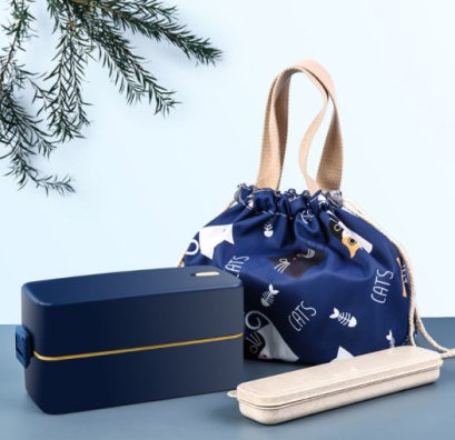 กล่องข้าวพลาสติก+กระเป๋า+ชุดช้อนตะเกียบ