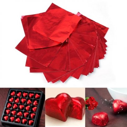 แผ่นฟอยล์สีแดงขนาด 9.5*9 cm จำนวน 100 แผ่น - Red Foil Paper For Chocolate