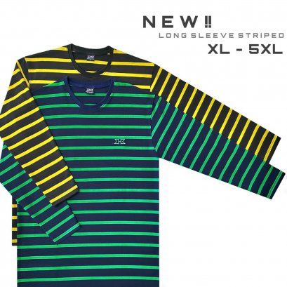 เสื้อยืดแขนยาวไซส์ใหญ่ ลายริ้วเขียว-กรม , ริ้วเหลือง-ดำ XL - 5XL