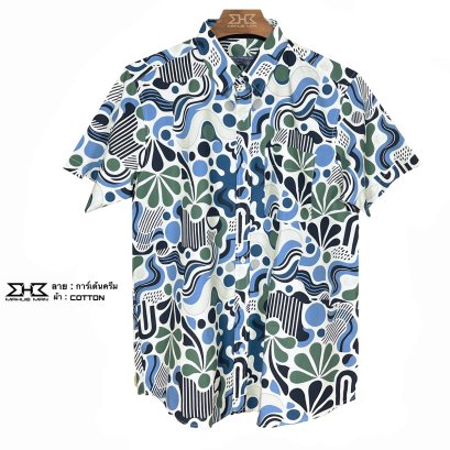 เสื้อเชิ้ตแขนสั้นไซส์ใหญ่ คอตต้อนพิมพ์ลาย การ์เด้น ครีม XL (50") - 8XL (64")