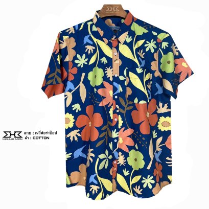 เสื้อเชิ้ตแขนสั้นไซส์ใหญ่ คอตต้อนพิมพ์ลาย เนวี่ ฟอร่า ป๊อบ XL (50") - 8XL (64")