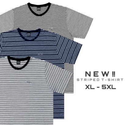 เสื้อยืดแขนสั้น คอตต้อน ลายริ้ว ใหม่ XL 48”- 5XL 64”