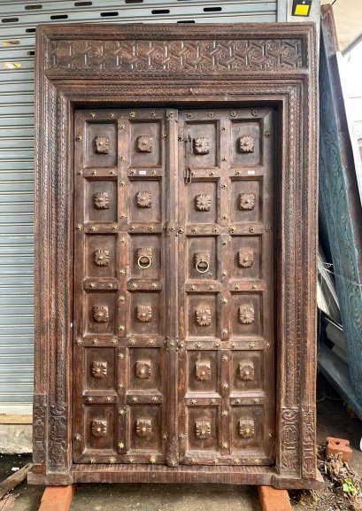 Old Wooden Door with Brass and Carving